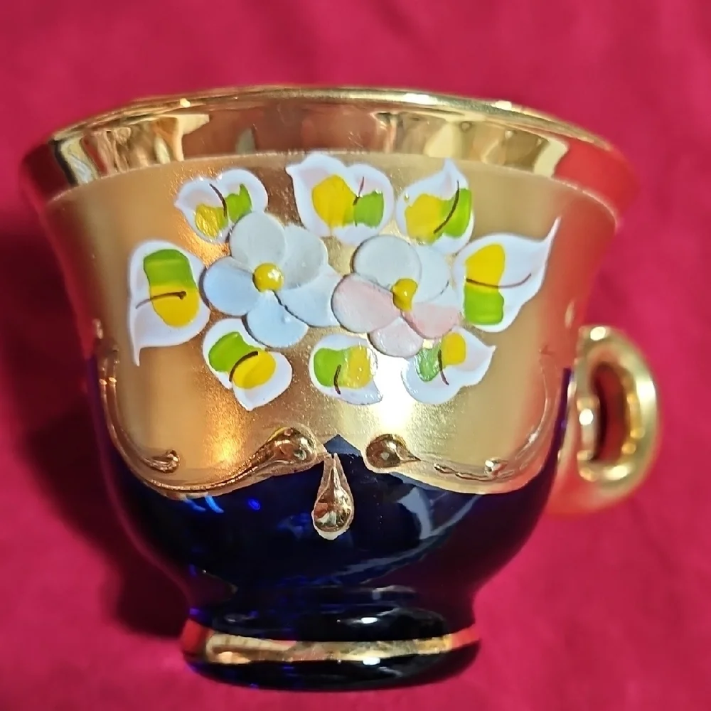 Vintage Venetian Art Glass High Enamel Cobalt Blue Gold Tea Cup Saucer Set of 2